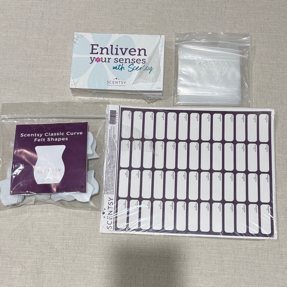 Scentsy Wax consultant Labels, Postcards, bags & Felt wax samples Set